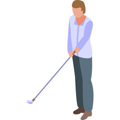 Isometric man playing golf holding club with blue shirt and grey pants on a transparent background