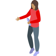 Isometric perspective of a woman wearing a red top and gray pants holding a blue scroll on a white background with transparent background