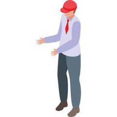 Isometric Pixelated Man Wearing Red Cap and Tie Gesture Professionally on Transparent Background