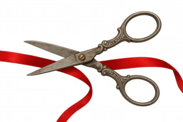 Vintage scissors cutting red ribbon, symbolizing grand opening, ceremony, start-up, business launch, event beginning
