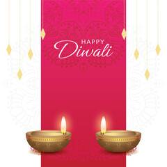 Naklejka premium Happy diwali greeting card with glowing diya design, diwali celebrations vector background