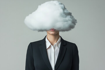 Portrait of a professional in a tailored suit with a large cloud obscuring the head, creating a surreal, minimalist concept that suggests confusion or creativity.