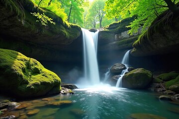 Serene Waterfall Cascading Over Mossy Rocks in Sunlight, Lush Green Foliage, Untamed Nature