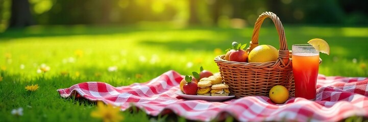 Relaxing Summer Picnic Checkered Blanket, Sun-Dappled Lawn, Fruit, Sandwiches, and Refreshing Drinks
