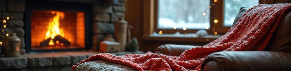 Cozy Winter Scene Warm Knit Blanket, Rustic Furniture, Fireplace, Falling Snow