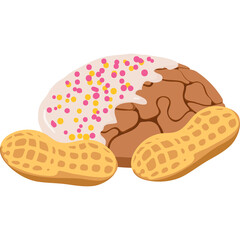 Peanut Cookie With White Icing And Sprinkles Surrounded By Two Whole Peanuts Isolated On Transparent Background Simple Flat Design Illustration