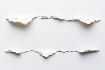 Fototapeta premium Minimalist composition of torn paper strips on a clean white surface, highlighting rough edges, subtle shadows, and tactile texture in a stark, airy frame.