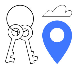 Two crossed keys symbolizing access and security, a blue location marker for navigation or place, and a cloud. Ideal for travel, safety, property, navigation, planning, mapping connection themes