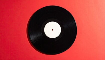 Fototapeta premium Black Vinyl Record With White Label Center on Red Background Top Down View Classic Music Medium