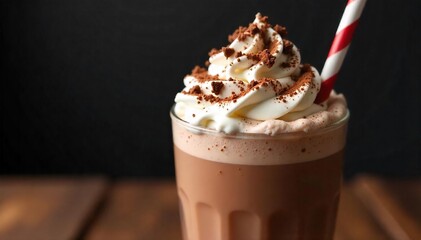 Decadent Chocolate Milkshake Creamy Texture, Whipped Cream, and Chocolate Shavings in a Tall Glass ? Perfect for Restaurant Menus and Advertising