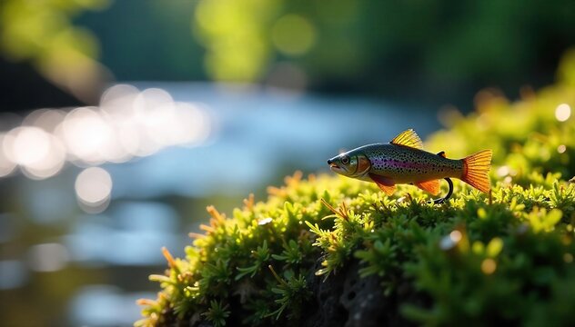 Lonesome Trout Fly Awaits the Cast Sunlight Dapples Mossy Riverbank, Ready for the Rush of Water