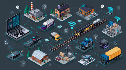 Fototapeta premium Double exposure of Twilight view of Container truck in ship port for business Logistics and transportation of Container Cargo ship and Cargo plane with working crane bridge with Earth and world map