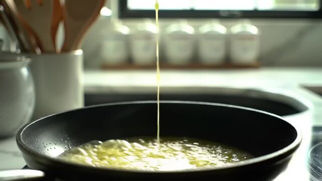 Cooking eggs in a pan pouring liquid egg yolk close up slow motion