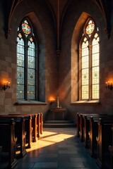 Serene Candlelit Church Interior Soft Shadows on Aged Stone Walls and Stained Glass, Evoking Peace and Spiritual Reflection