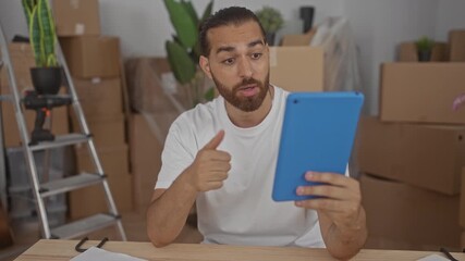 Man holding blue tablet, thumbs up and questioning open hand gesture amid stacked moving boxes and ladder in house; moving frustration.