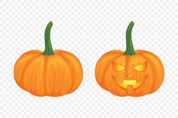 Vector Halloween Pumpkin Set with Carved Faces. Cute Cartoon Pumpkins Set. Colorful Halloween Stickers for Autumn Harvest, Fall Decoration, Thanksgiving, Festive Design