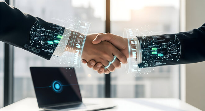 Digital Handshake with Illuminated Interface Connecting Global Business Partners