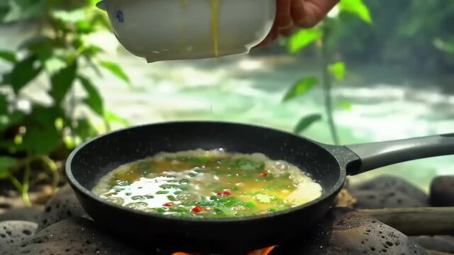 Cooking eggs outdoors pouring ingredients into a pan food preparation concept
