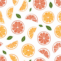 Obraz premium Seamless Pattern of Fresh Citrus Fruits Slices and Leaves.