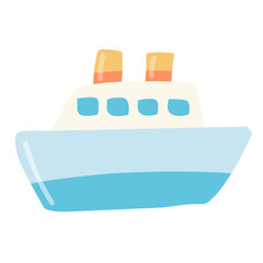 A cute cartoon illustration of a blue and white passenger ship with two funnels, isolated on a white background.