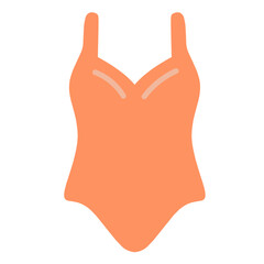 A simple, flat graphic illustration of a peach-colored one-piece swimsuit with a V-neck and shoulder straps, isolated on a white background.