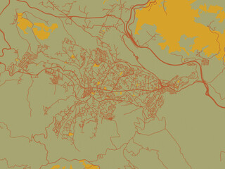 Naklejka premium Flat painterly map of Medea, Algeria in earthy sage background with rust roadways and ochre details.