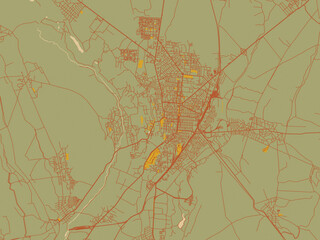 Graphic flat color map of Gyumri, Armenia in sage green ground with rust-red roads and ochre accents.