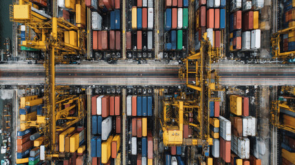 Smart digital Innovation Container truck in ship port for business Logistics and transportation of Container Cargo ship and Cargo plane with working crane bridge with world map