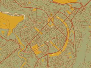 Fototapeta premium Contemporary flat map of Yerevan city center, Armenia rendered with earthy sage background with rust roadways and ochre details.