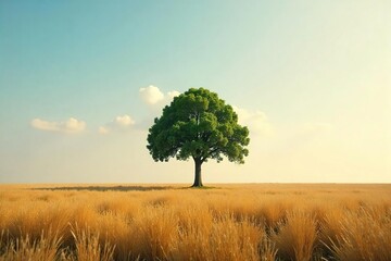Serene Solitude A Perfectly Symmetrical Tree Stands Alone in a Vast Sunlit Field, Evoking Peace and Untouched Natural Beauty