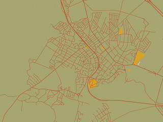 Decorative flat city map of Tovuz, Azerbaijan using sage green ground with rust-red roads and ochre accents.