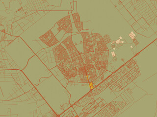 Fototapeta premium Decorative flat city map of Al 'Ashir min Ramadan, Egypt using sage green ground with rust-red roads and ochre accents.