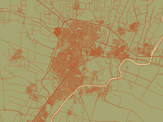 Fototapeta premium Flat painterly map of Al Mahallah al Kubra, Egypt in sage green ground with rust-red roads and ochre accents.
