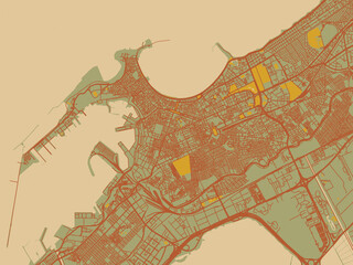 Flat painterly map of Alexandria, Egypt in muted sage base, rust-colored roads, and soft ochre highlights.