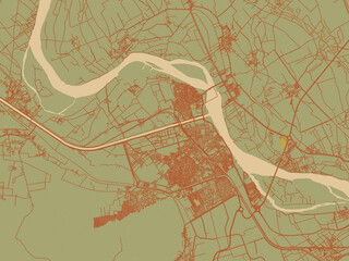 Modern flat map poster of Asyut, Egypt in sage/olive tone field with rust networks and ochre shapes, cream water.