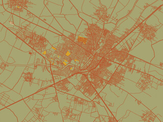 Flat painterly map of Zagazig, Egypt in olive backdrop with warm rust street network and ochre blocks.