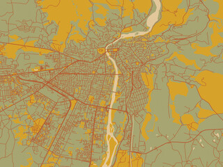 Naklejka premium Contemporary flat map of Kutaisi, Georgia rendered with olive backdrop with warm rust street network and ochre blocks.