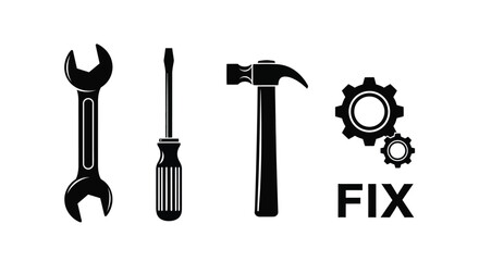 Black and white illustration of tools including a wrench screwdriver and hammer
