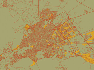 Decorative flat city map of Arak, Iran using sage green ground with rust-red roads and ochre accents.