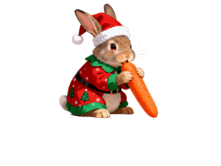 Festive rabbit wearing Santa hat eats a carrot.