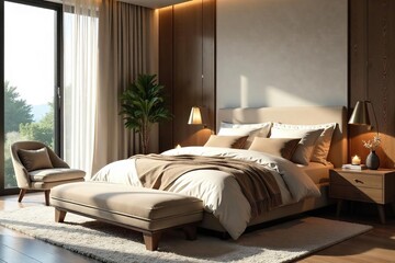 Luxurious Modern Bedroom Plush Bedding, Seating & Serene Atmosphere for Relaxation and Comfort