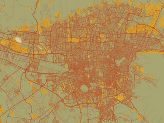 Graphic flat color map of Tehran, Iran in sage/olive tone field with rust networks and ochre shapes, cream water.