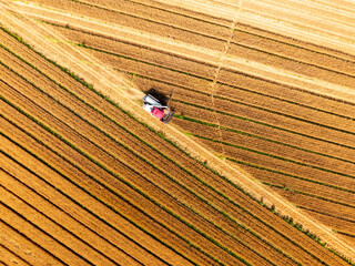 Combine harvester working on a wheat field，Aerial photos