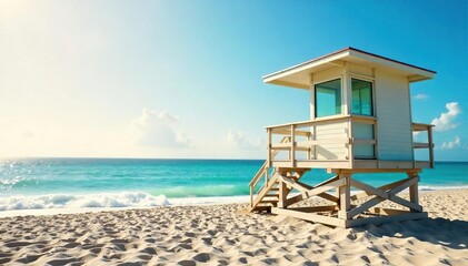 Serene Sunny Beach Scene Lifeguard Tower overlooking Calm Ocean Waves, Ensuring Safe and Relaxing Vacation for Families