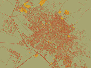 Decorative flat city map of Yazd, Iran using muted sage base, rust-colored roads, and soft ochre highlights.
