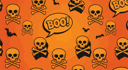 Seamless Halloween Wallpaper Pattern with Skulls, Crossbones, and Bats on Orange Background