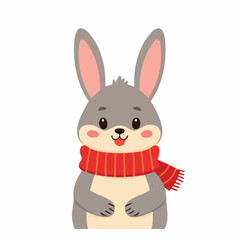 Obraz premium Cute gray bunny with red scarf smiling warmly. Perfect winter illustration for Christmas cards, children’s books, or festive decor.