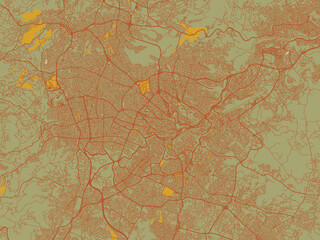 Abstract flat-design map of Amman, Jordan, featuring sage/olive tone field with rust networks and ochre shapes, cream water.