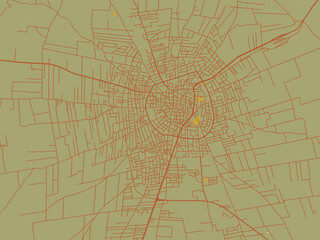 Vector-style flat map of Ar Ramtha, Jordan with muted sage base, rust-colored roads, and soft ochre highlights.