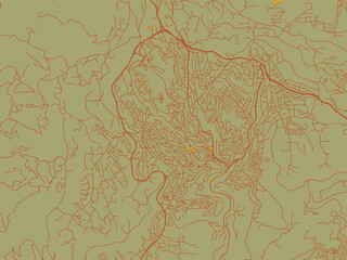 Stylized minimalist map of As Salt, Jordan in sage green ground with rust-red roads and ochre accents.